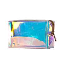 Travel makeup woman pvc clear waterproof transparent rainbow holographic stand up pvc zipper cosmetic bag case